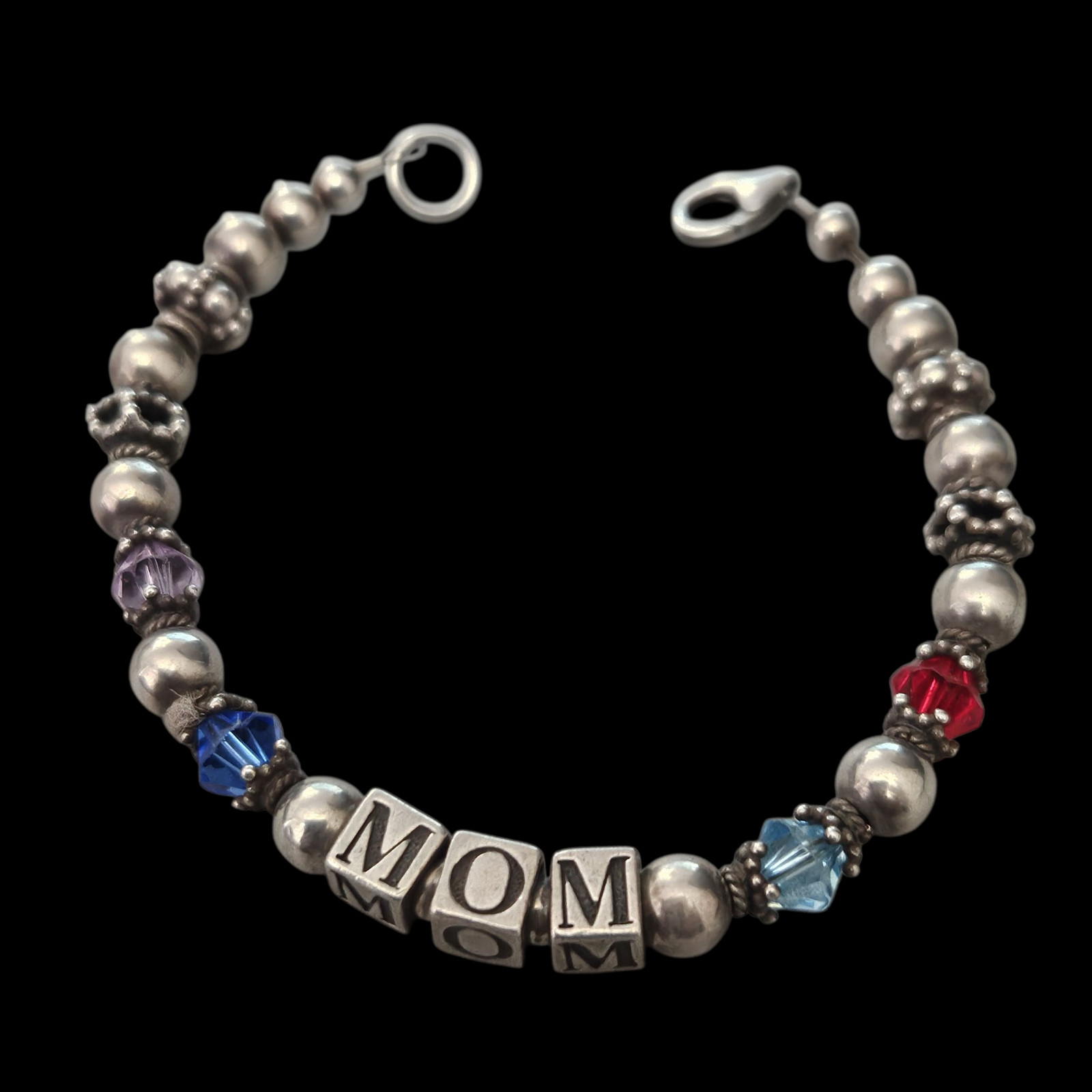 Sterling Silver “MOM” Charm Bracelet w/ Beaded Crystal Accents – 6.25″