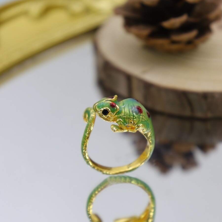 Multicolor 3D Chameleon Lizard Open Ring, Adjustable Size Cute Animal Enamel