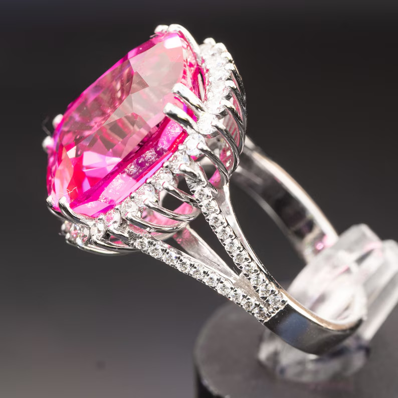 12.70 Ct Cushion Cut Natural Pink Sapphire Diamond Wedding Ring 14K White Gold
