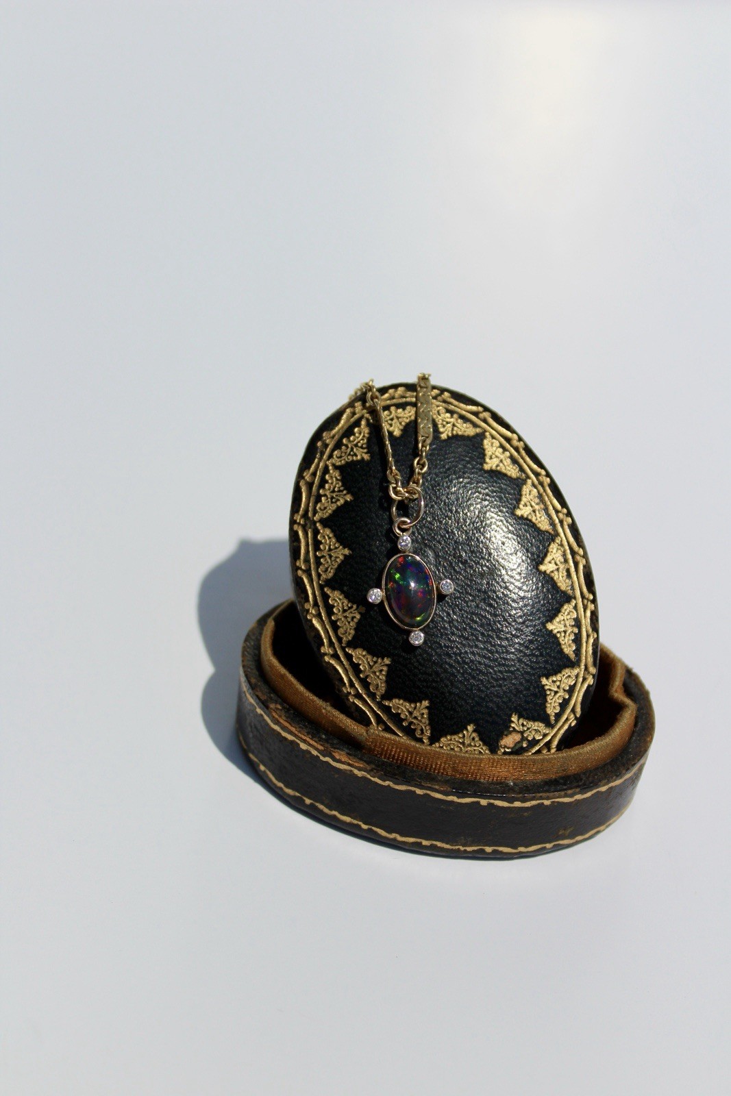 Black Opal Cabochon & Diamond Pendant, 2.12 Carats 14K Gold