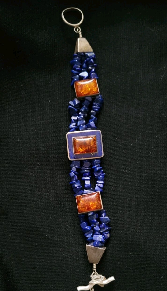 Vintage Jay King DTR .925 Sterling Silver Amber & Lapis Lazuli 7.5 Inch Bracelet