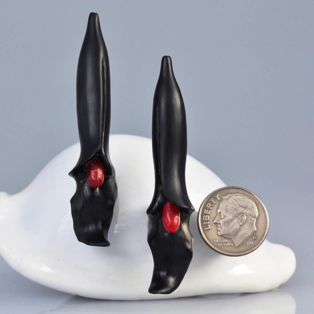 Trumpet Flower Earring Pair Carved Black Horn & Red Sponge Coral drilled 6.80g