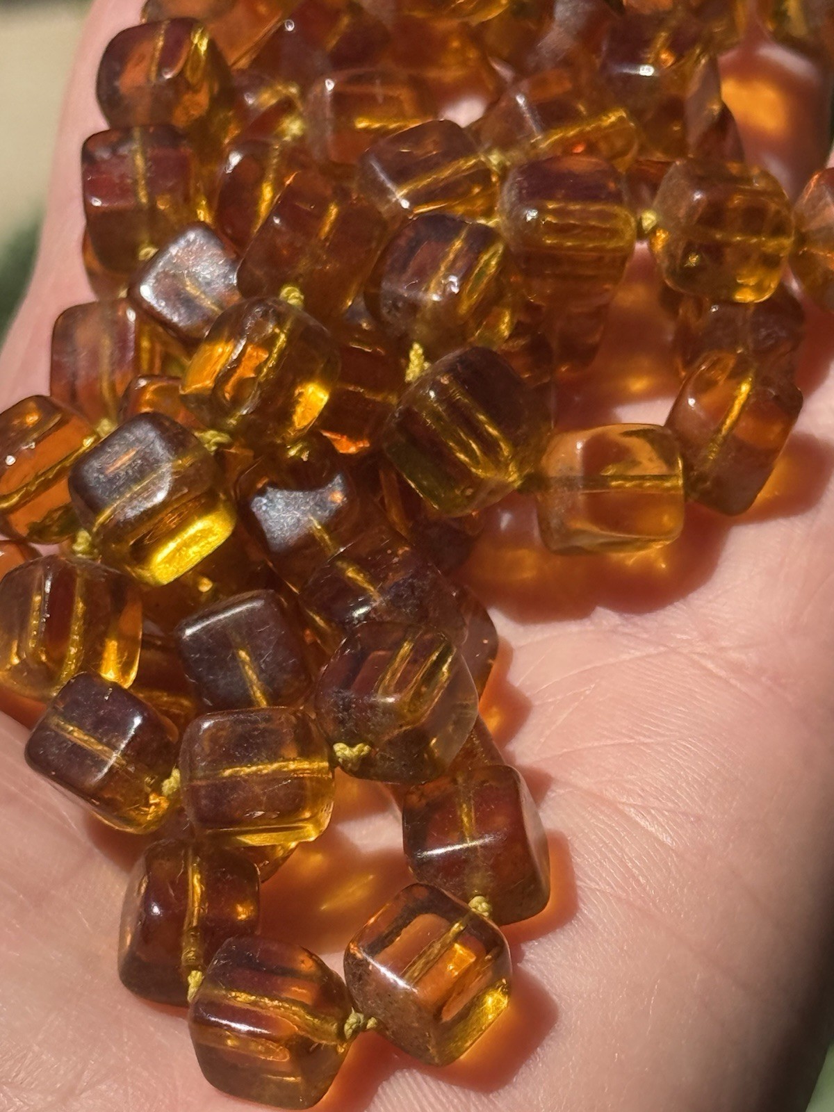 Vintage Golden Honey Cubed Glass Beads All Knotted Necklace 44″ L
