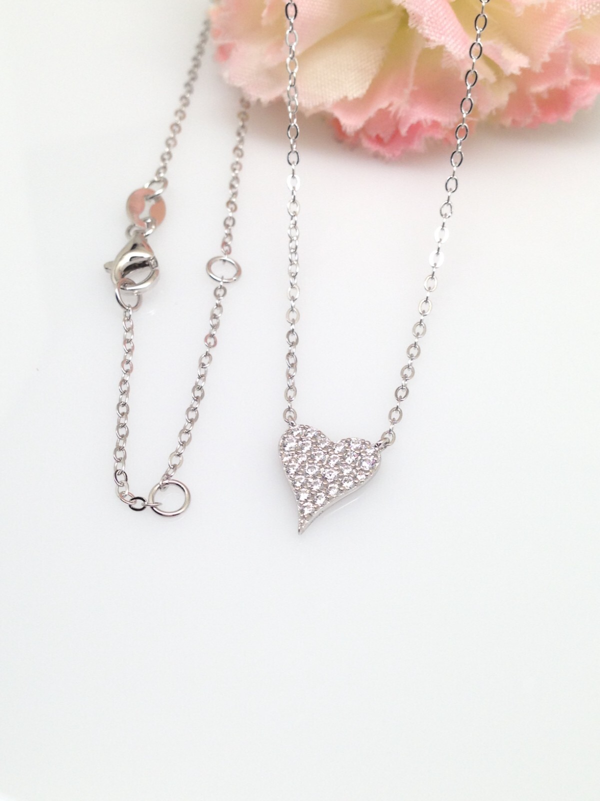 Cz Pave Heart Necklace 925 Sterling Silver Tiny Heart Pendant 9mm(0.35″) 17.75″