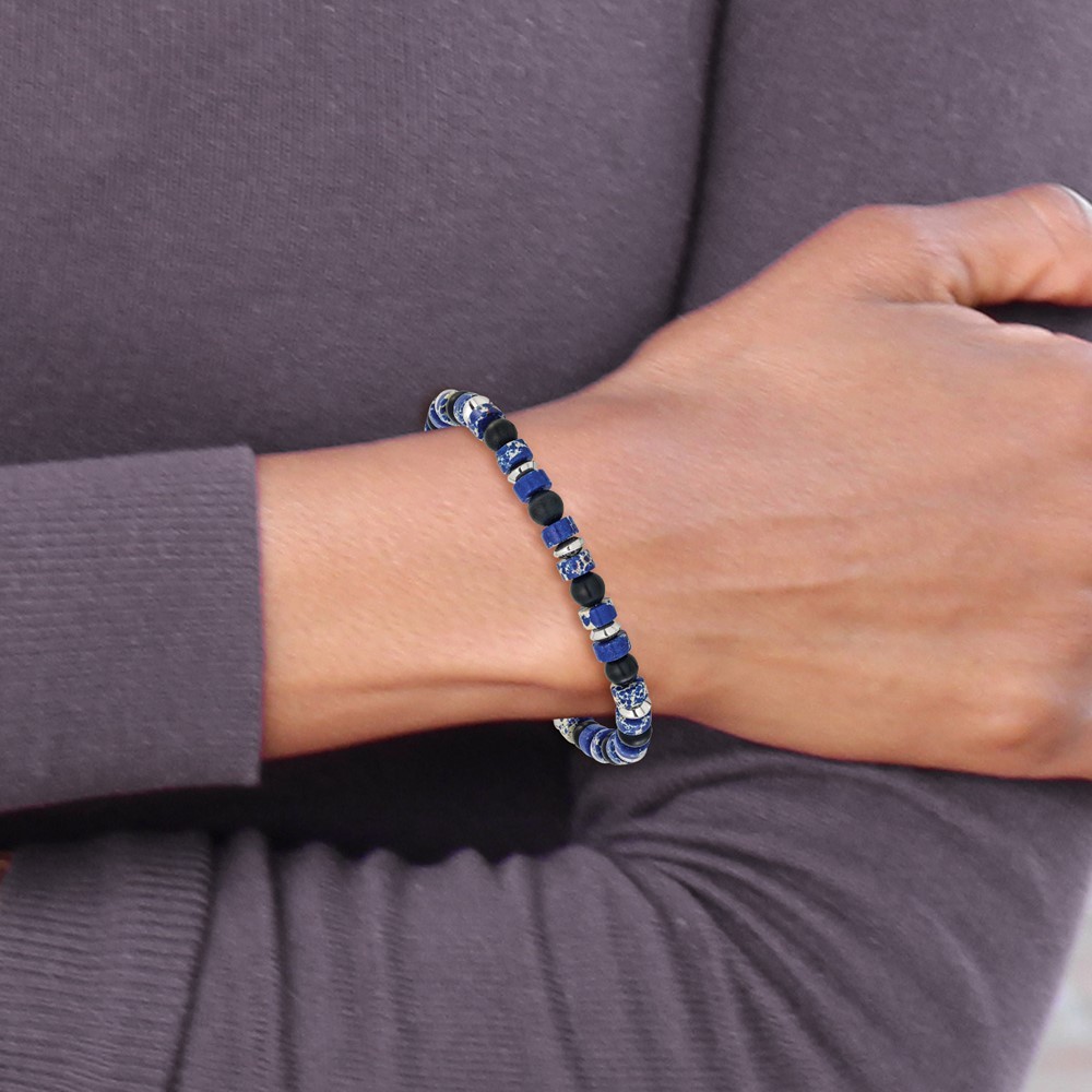 Stainless Steel 6.40mm Blue Emperor and Black Onyx Beaded Stretch Bracelet 7.5″