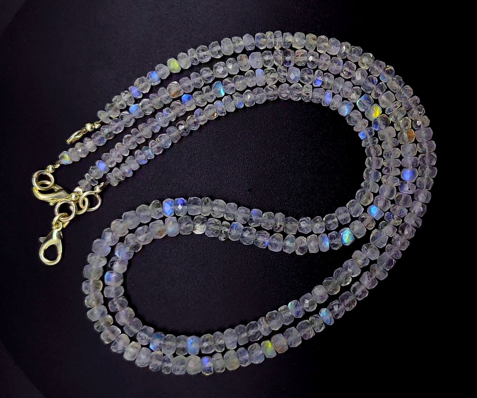 Natural Gem Blue Fire Rainbow Moonstone 4-5mm Faceted Rondelle Bead Necklace 16″