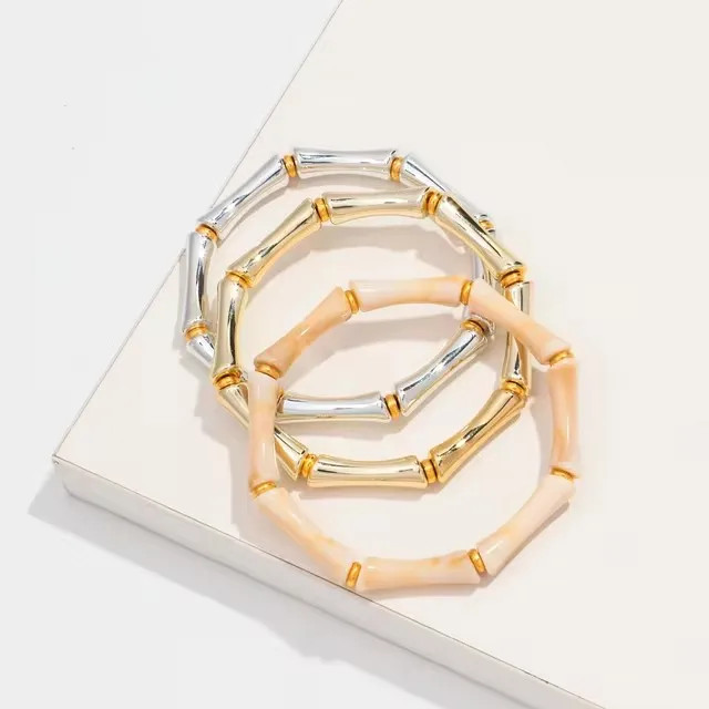 3 pc Leopard Acrylic Bamboo Beaded Bracelet Women Retro Thin Tube Stack Jewelry