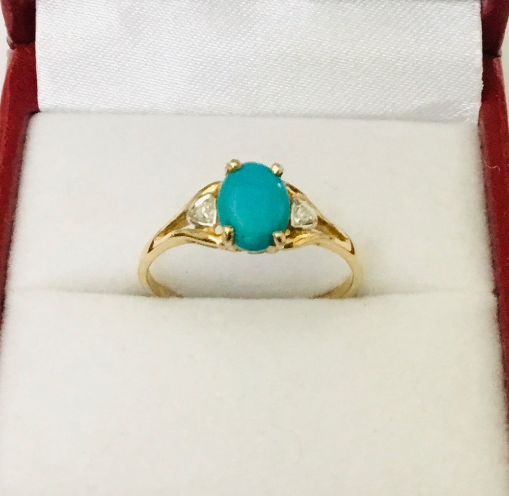 Dainty Natural Turquoise Gemstone & Diamonds In Solid 14K Gold Rings NEW