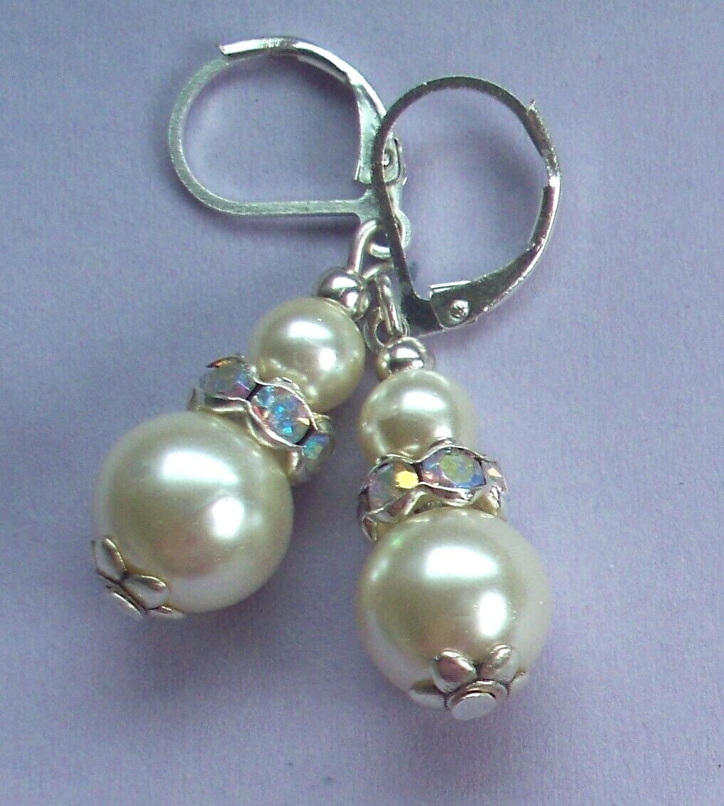 GLASS PEARL drops ANTIQUE WHITE Crystal Lever back handcrafted CHOOSE XX