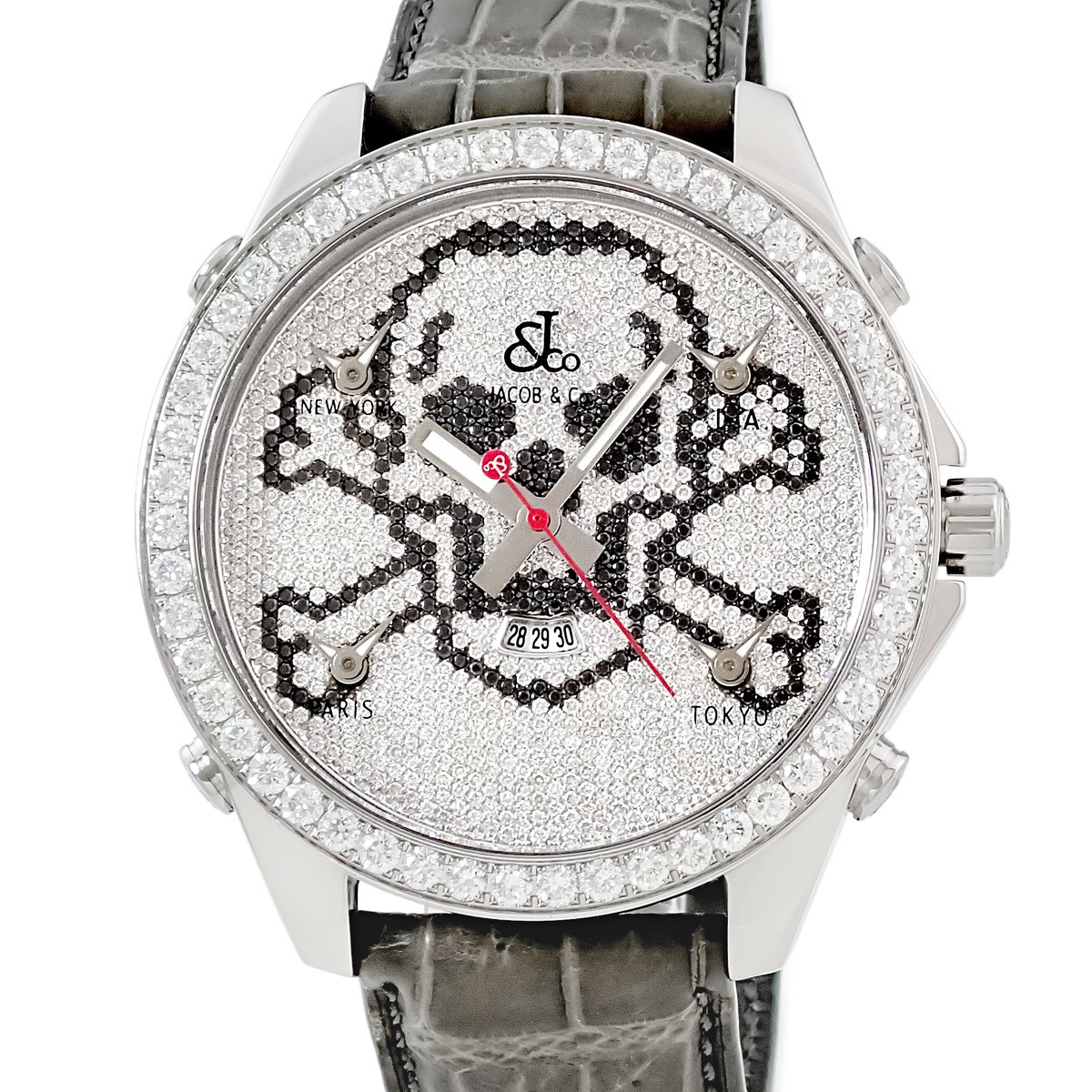 JACOB&CO 5 Time Zones 1.9″ Skull JC-SKULLD Original factory diamond pave G