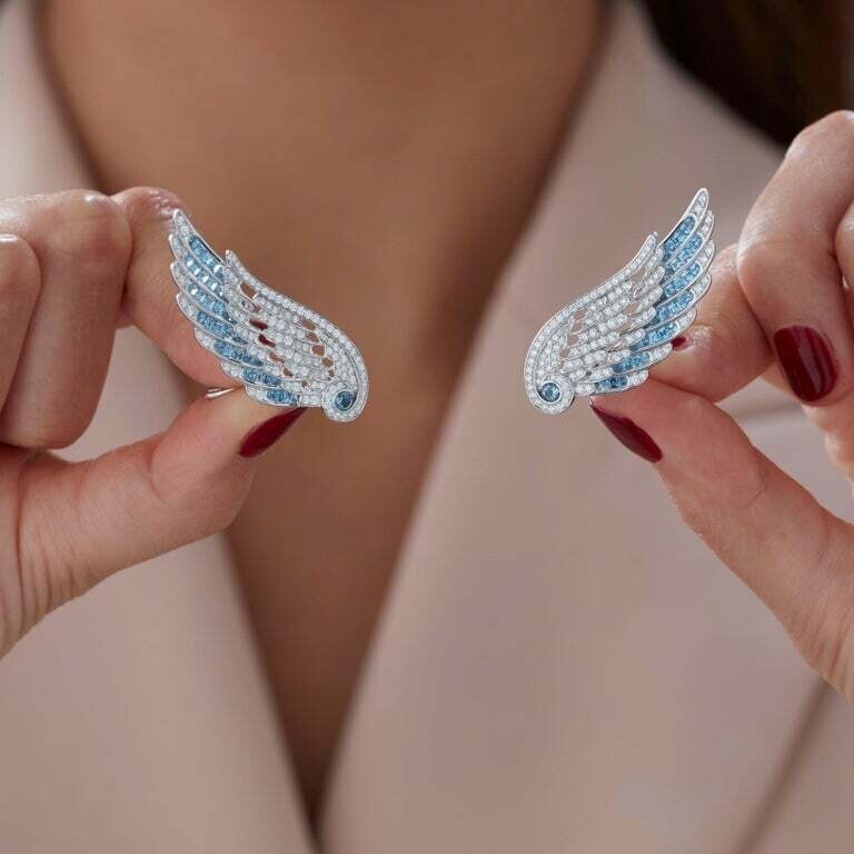 White Round Cut 1.79CT CZ & Calibre Cut 3.36CT Aquamarine Wings Design Earrings