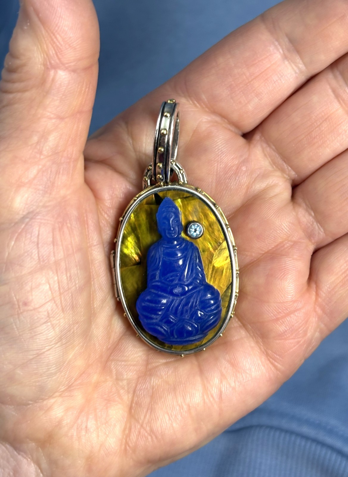 Sajen Big Sterling Silver, Bronze and Gemstone Buddah Locket Pendant 2 1/2″