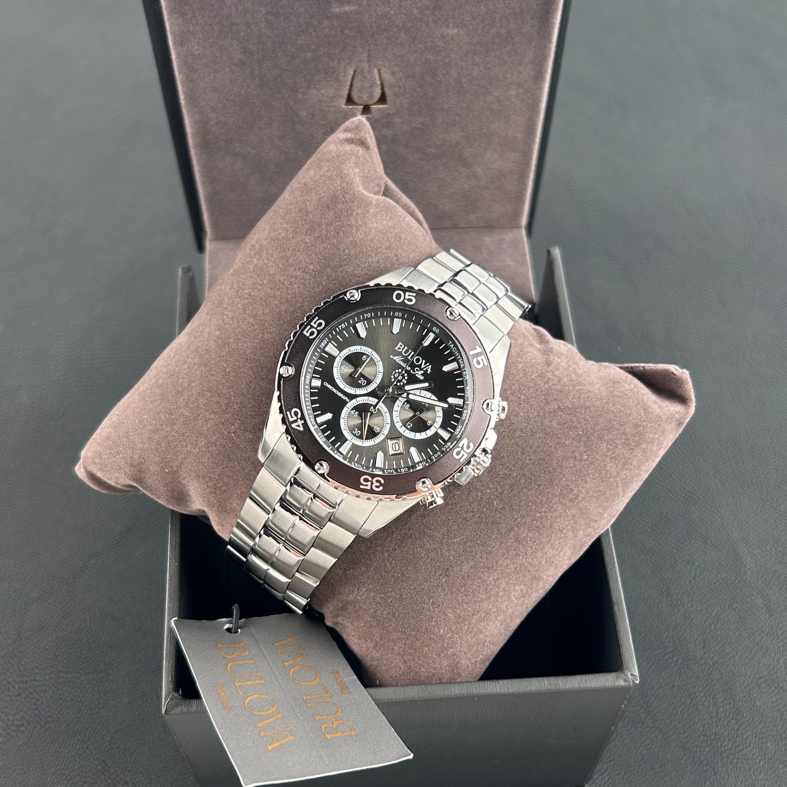 Bulova Classic Men’s Marine Star 98B401 Black Dial Chronograph Quartz Watch 41.5