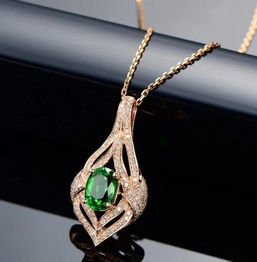 14K Rose Gold Finish Simulated Oval Cut Emerald /Diamond Charm Pendant 18″ Chain
