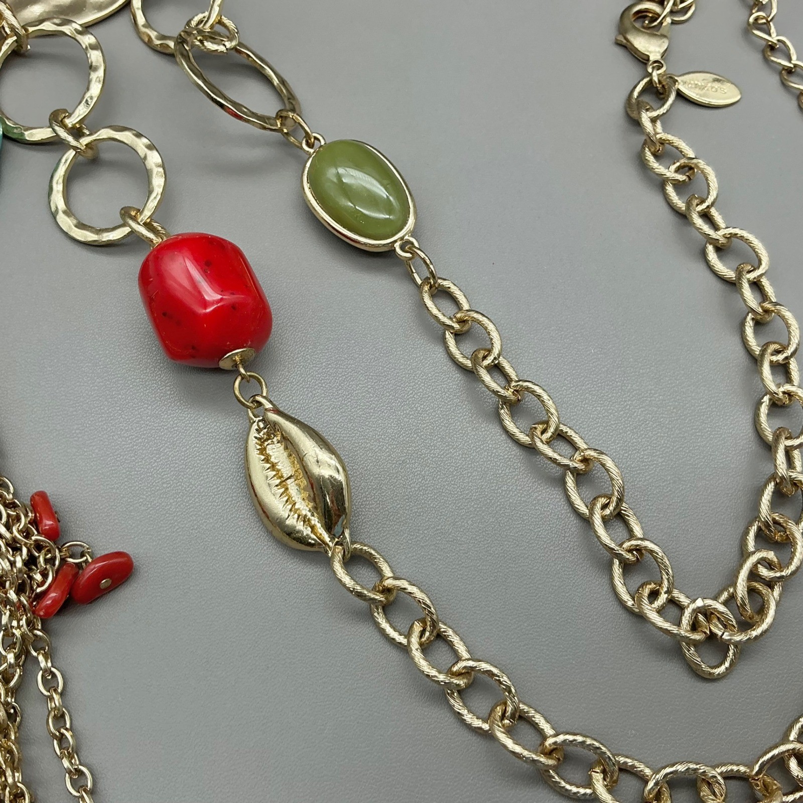 Chico’s Necklace Womens Gold Tone Turquoise Red Green Tassel Statement 22-26 In