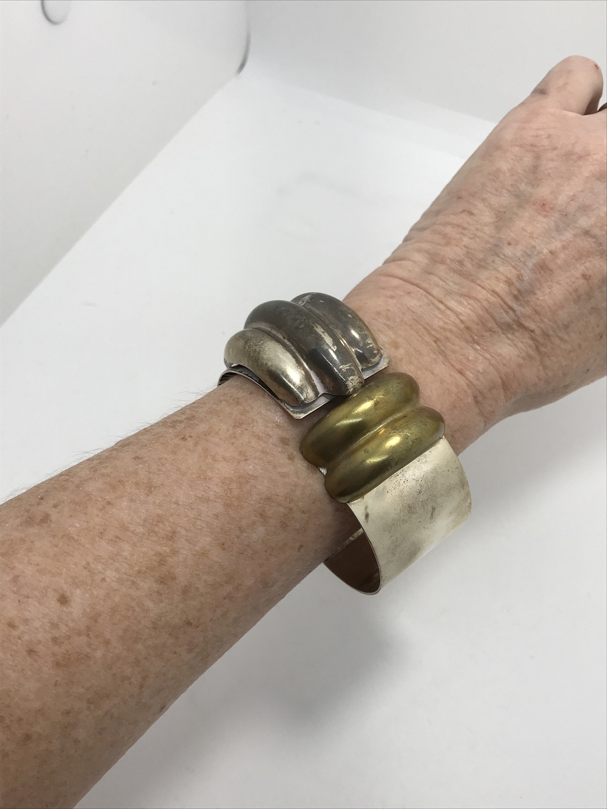 Vintage NVC Mexico 925 Sterling Silver Brass Accent Hinged Bracelet sz 7.25
