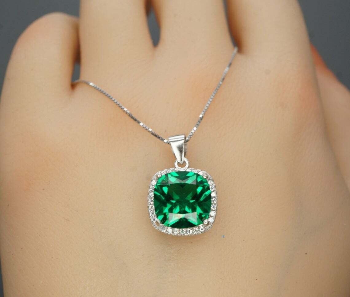 2.00Ct Cushion Cut Lab Created Emerald Halo Pendant 14K White Gold Silver Plated