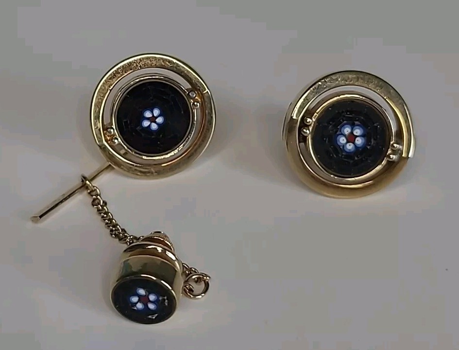 AntiqueVintage Rare Swank Micro Mosaic Pietra DuraSpider Web CufflinkTietack Pin