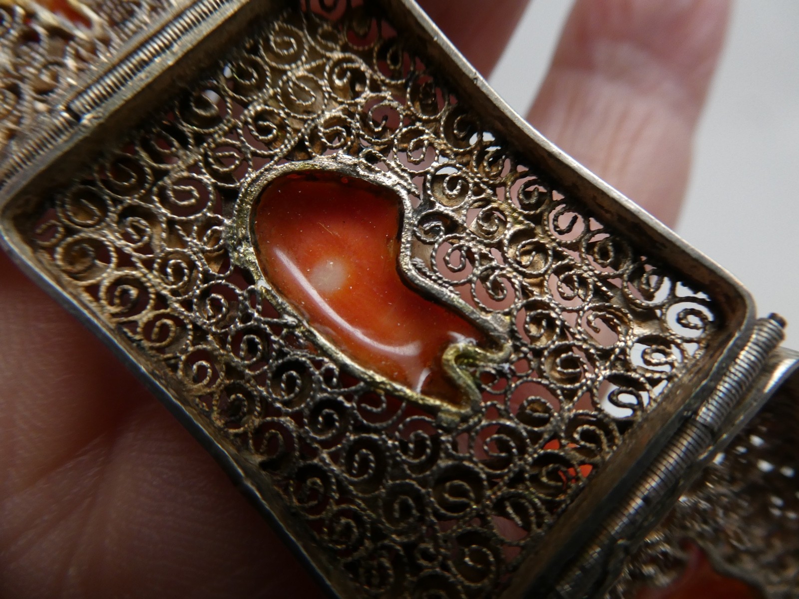 Vintage Chinese Export RARE Coral Lion Enamel Gilded Silver Bracelet Size 6.5″