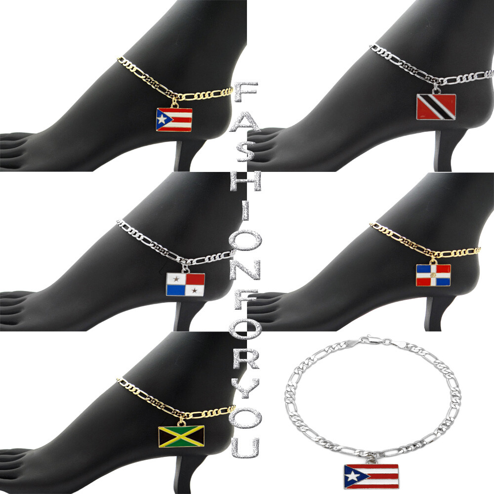 Women’s PR, DR, JAMAICA, PANAMA Flag 5mm 10″ Figaro Chain Anklet Ankle Bracelet