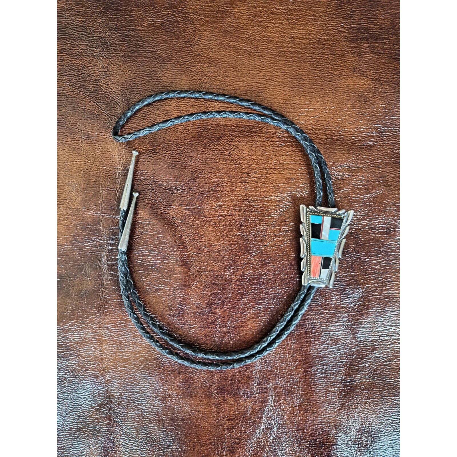 Old Sterling Silver Inlay Bolo Tie – Turquoise, Onyx, MOP & Spiny Oyster
