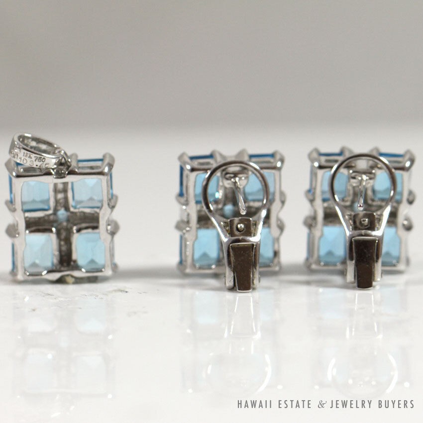 Effy Sky Blue Rectangular Topaz & Diamond 18K White Gold Earrings & Pendant Set