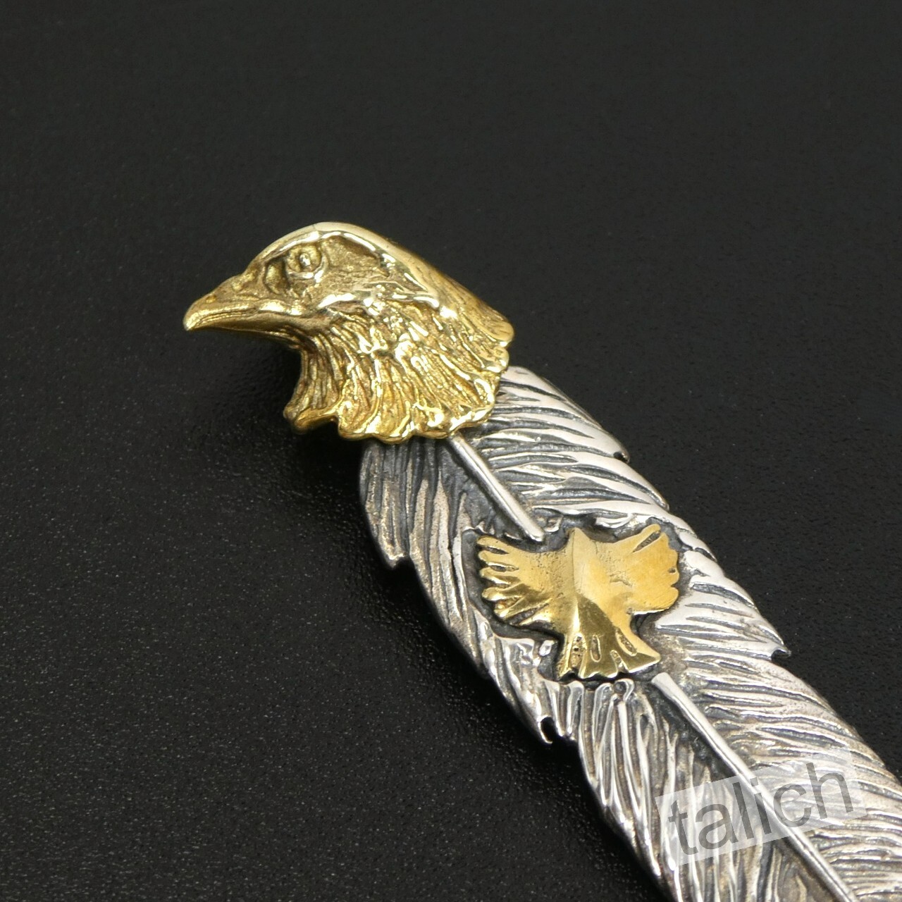 925 Sterling Silver Feather with Shiny Brass Eagle Head Pendant Great Details
