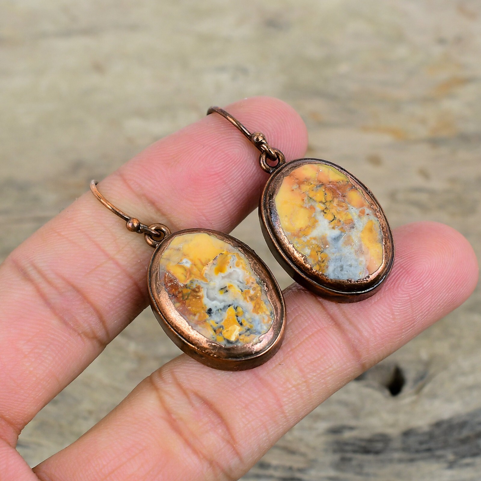 Copper Maligano Jasper Gemstone Electroformed Art Deco Dangling Earrings Jewelry
