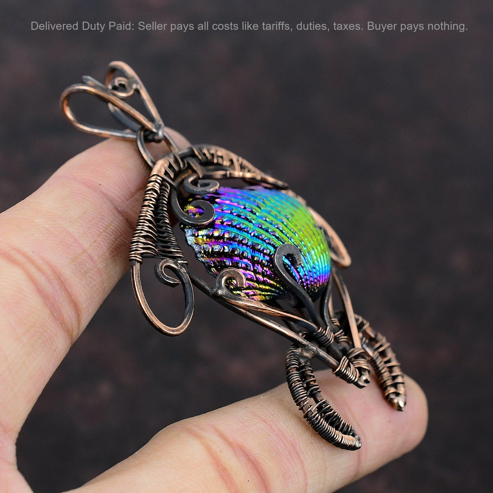 Copper Natural Titanium Coated Shell Boho Wire Wrapped Tortoise Pendant Jewelry