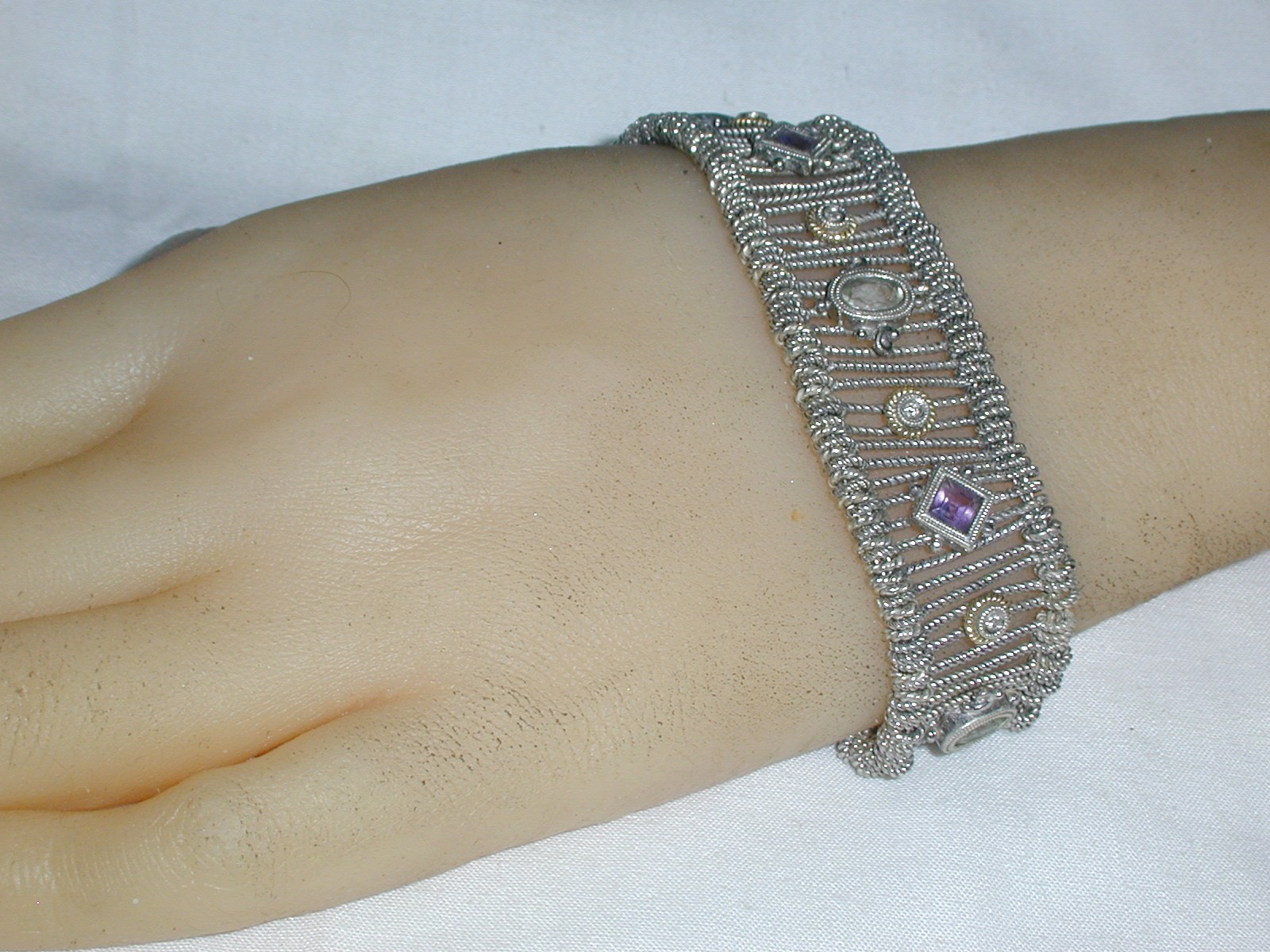 AMAZING- GABRIEL & CO STERLING 18K GOLD DIAMOND AMETHYST AQUAMARINE BRACELET-7.5