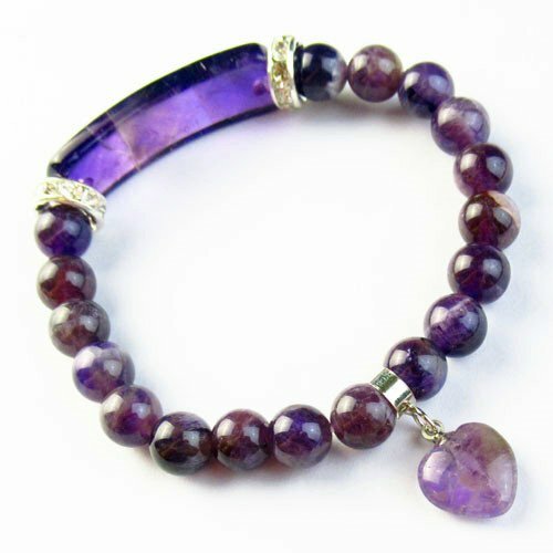 SH2851 Natural Amethyst Ball Oblong Pendant Bead Stretchy Bracelet 7.5 Inch