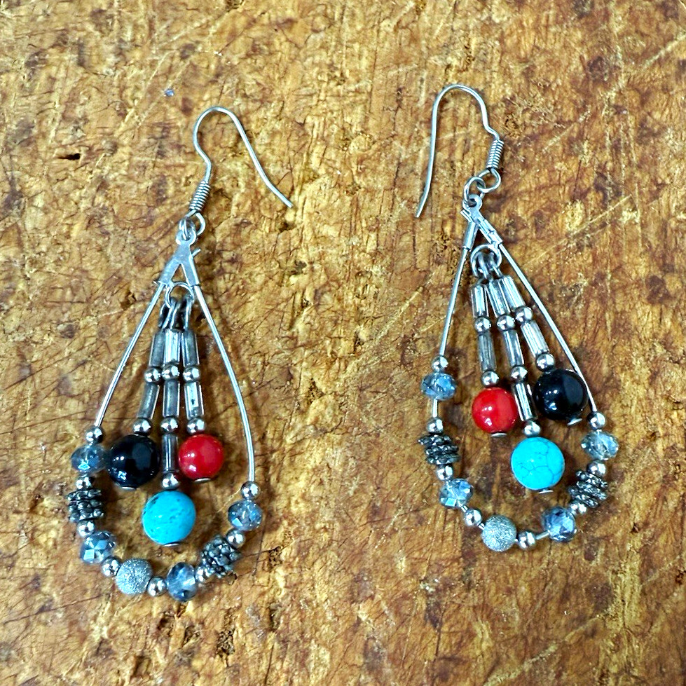 beaded teardrop dangle/drop hook earrings w/ red black blue beads