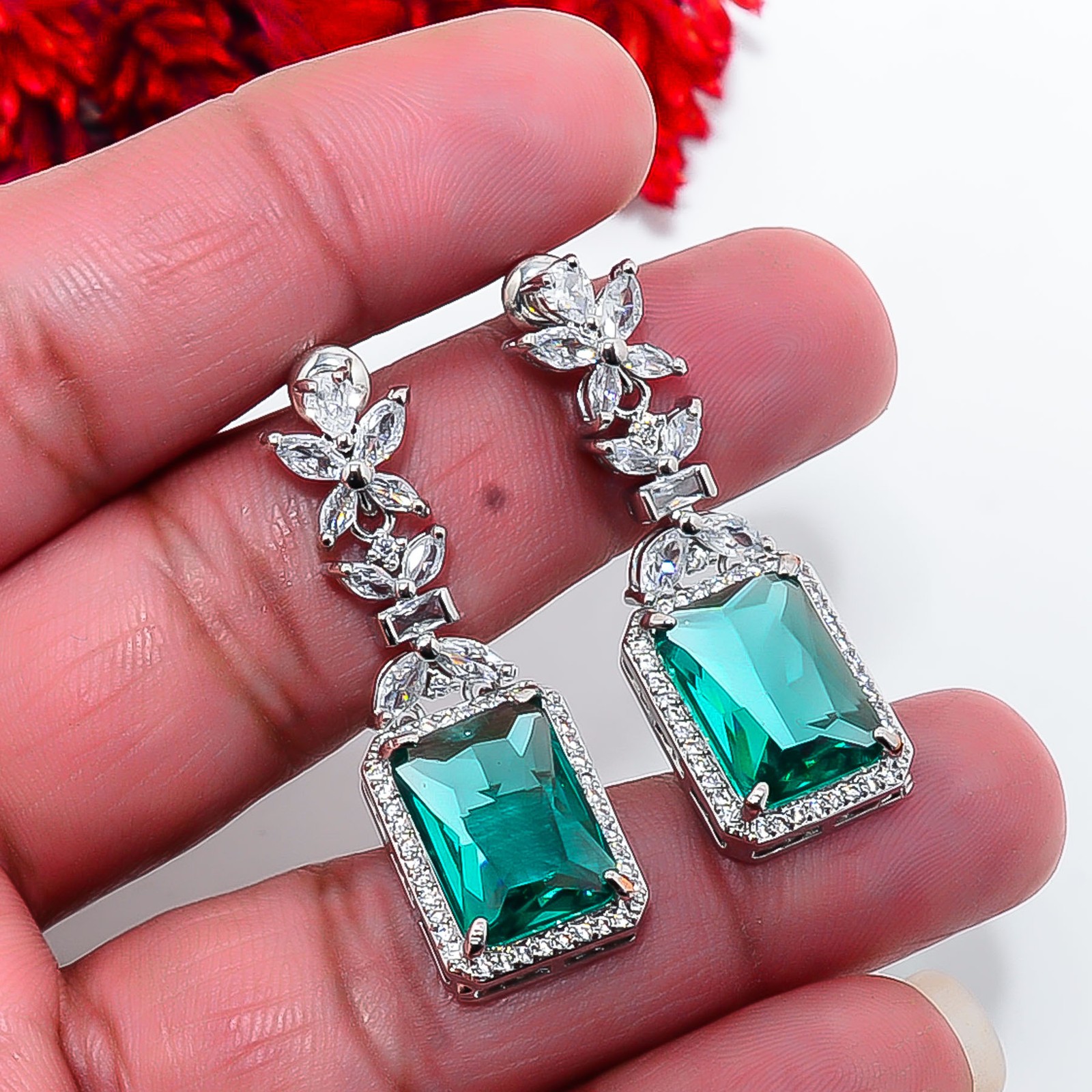 Apatite & Cz 925 Sterling Silver Danglers Earring 1.55″ E15978