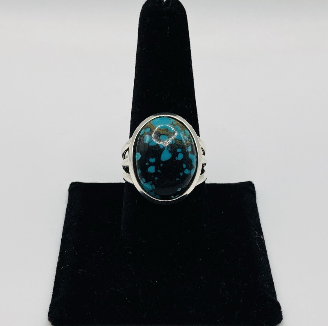 Vintage Navajo Sterling Silver Kingman Turquoise Oval Ring Size 9.5 Green Black