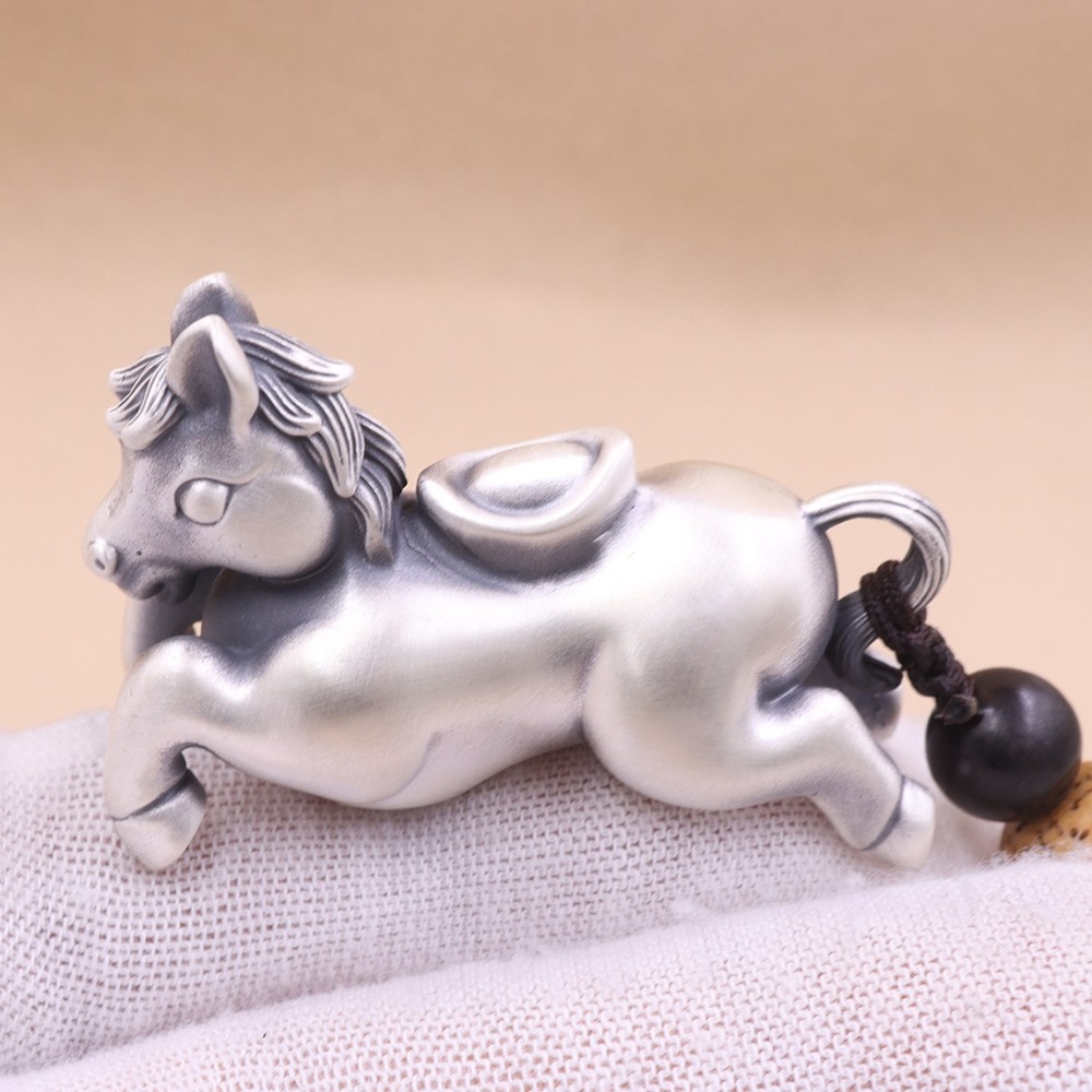 Pure S999 Fine Silver Carved Yuanbao Running Zodiac Horse Pendant 34-35g 1.7in