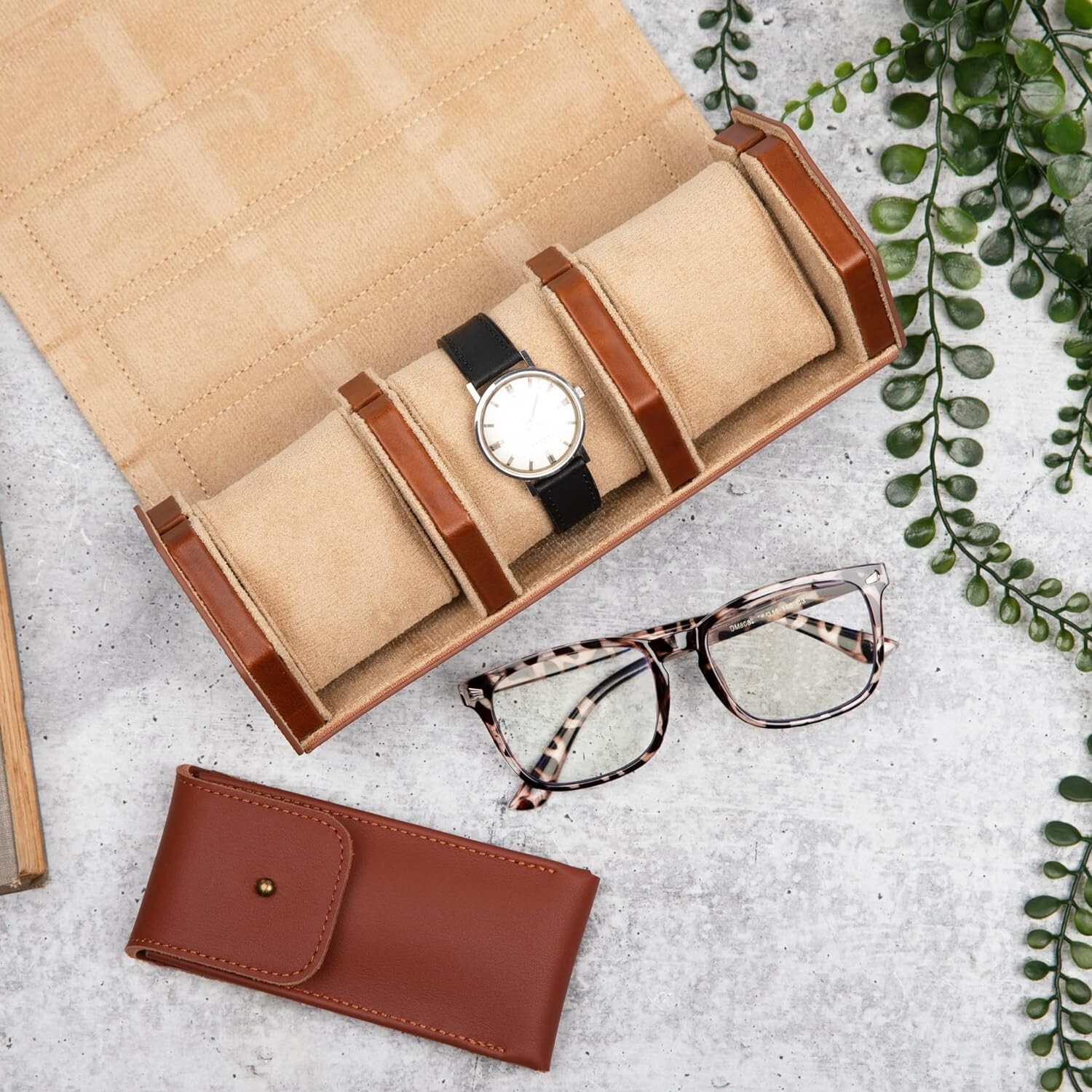 Prism Genuine Full Grain Leather Watch Case – 3 Watch Roll Travel Case