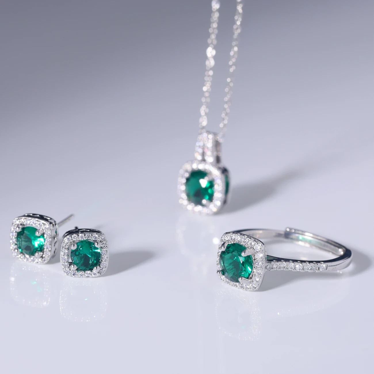 Ring Necklace & Earring Set 14K Yellow Gold Plated Round Lab Created Emerald
