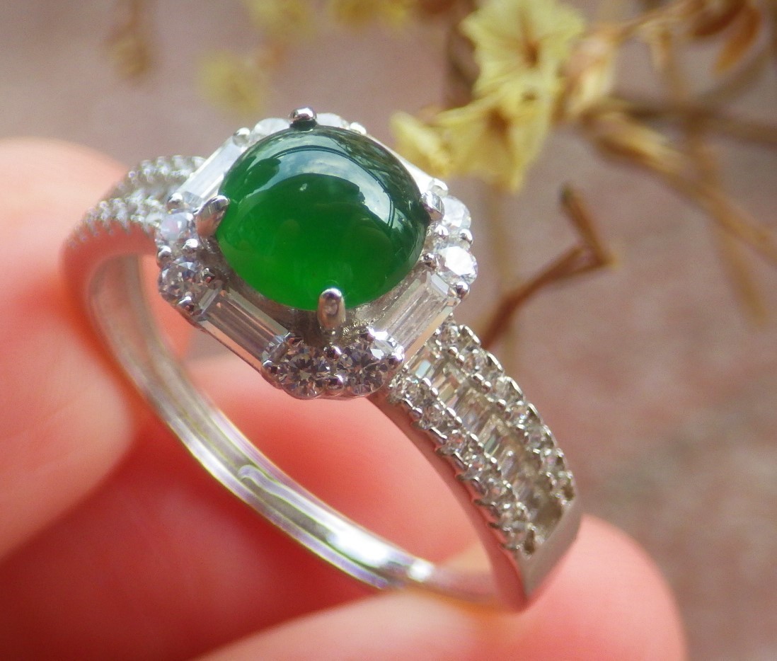 Video Sterling Silver 925 Green A Jade jadeite Cabochon Ring No 8 # 133622 VS