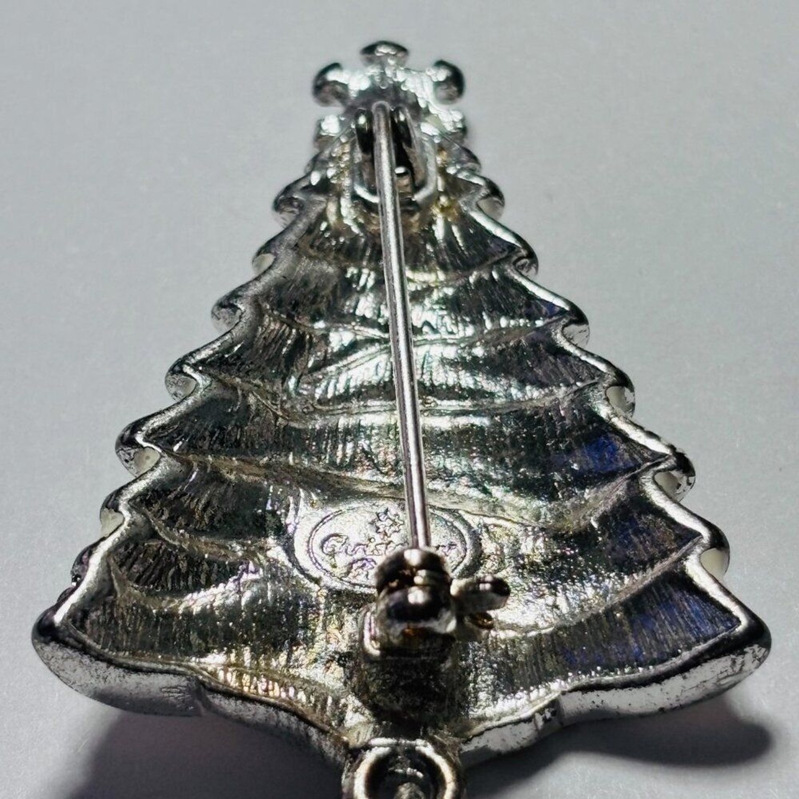 VINTAGE Christopher Radko Silver Tone Christmas Tree Brooch Dangle Snowflake