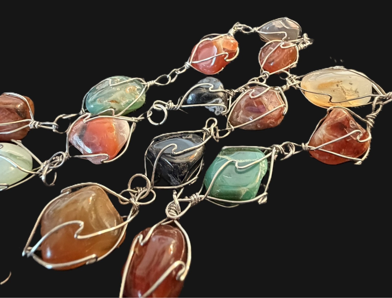 Artisan Wire Wrapped Natural Gemstone Necklace 34″ Endless Large Stone Statement