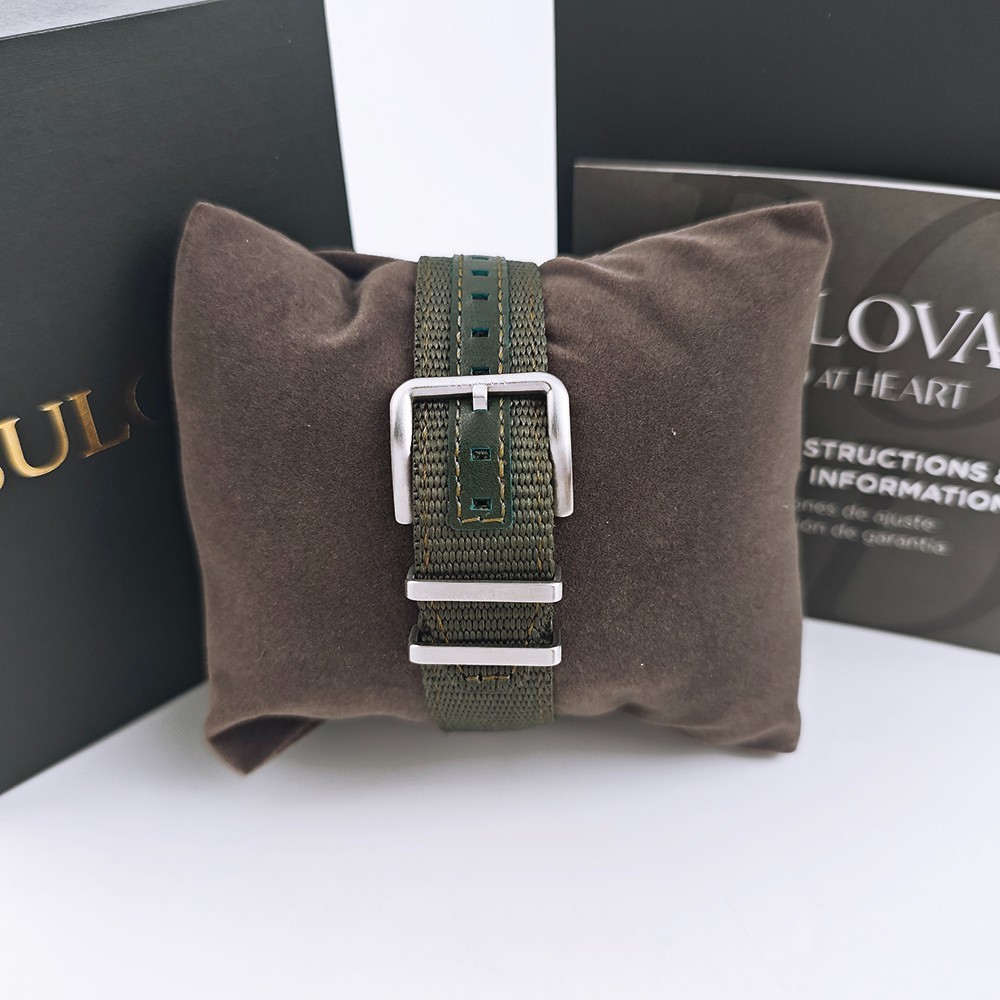 Bulova 96A259 Hack Black Dial Green Leather Strap Automatic Men’s Watch 38MM