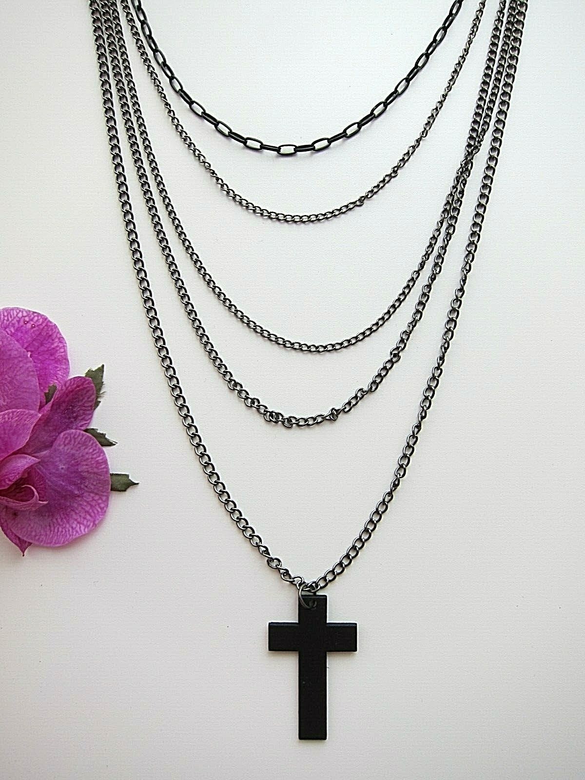 Black Gunmetal Multi- Chain Multiple, Various Length Chain Necklace with Cross.