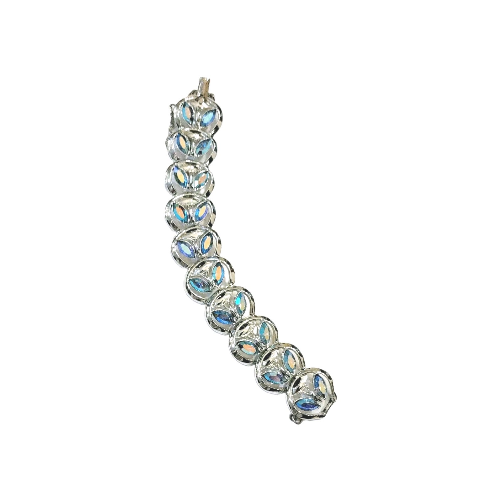 Stunning Signed Sparkly CORO Bracelet with Blue AB Rhinestones Rhodium Back
