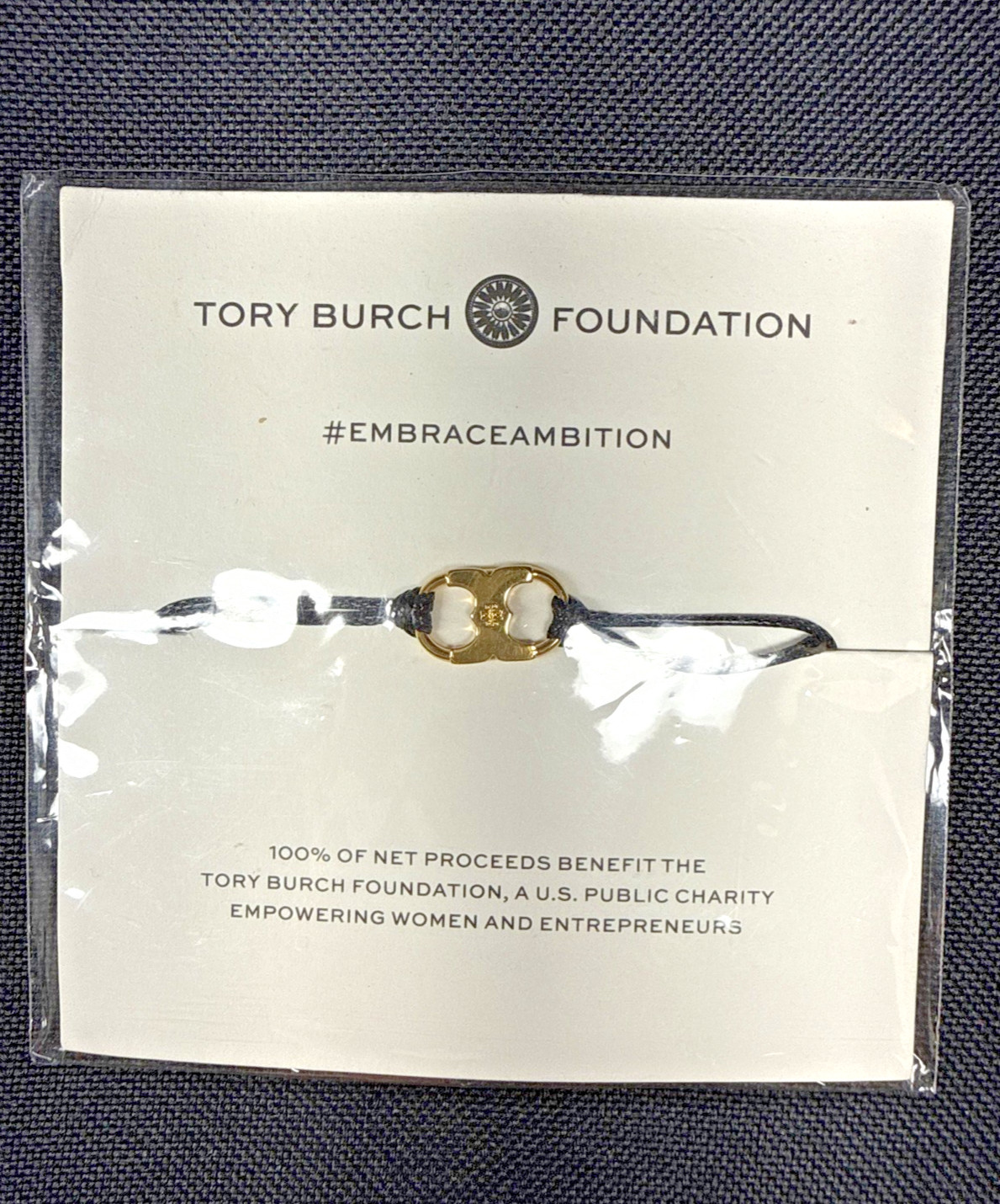 Tory Burch Foundation Embrace Ambition Gold Slider Bracelet NWT Black Cord