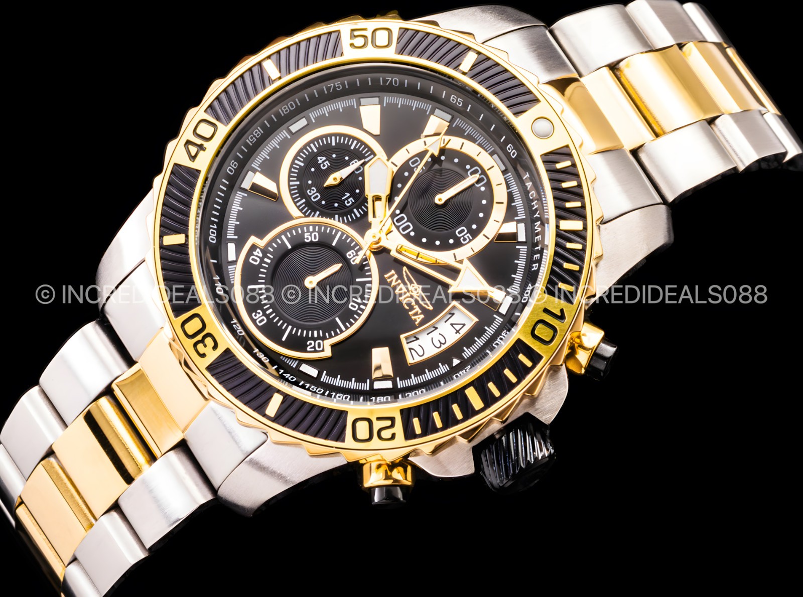 Invicta Men PRO DIVER SCUBA 18K GOLD SILVER Black Dial Two Tone Bracelet Watch