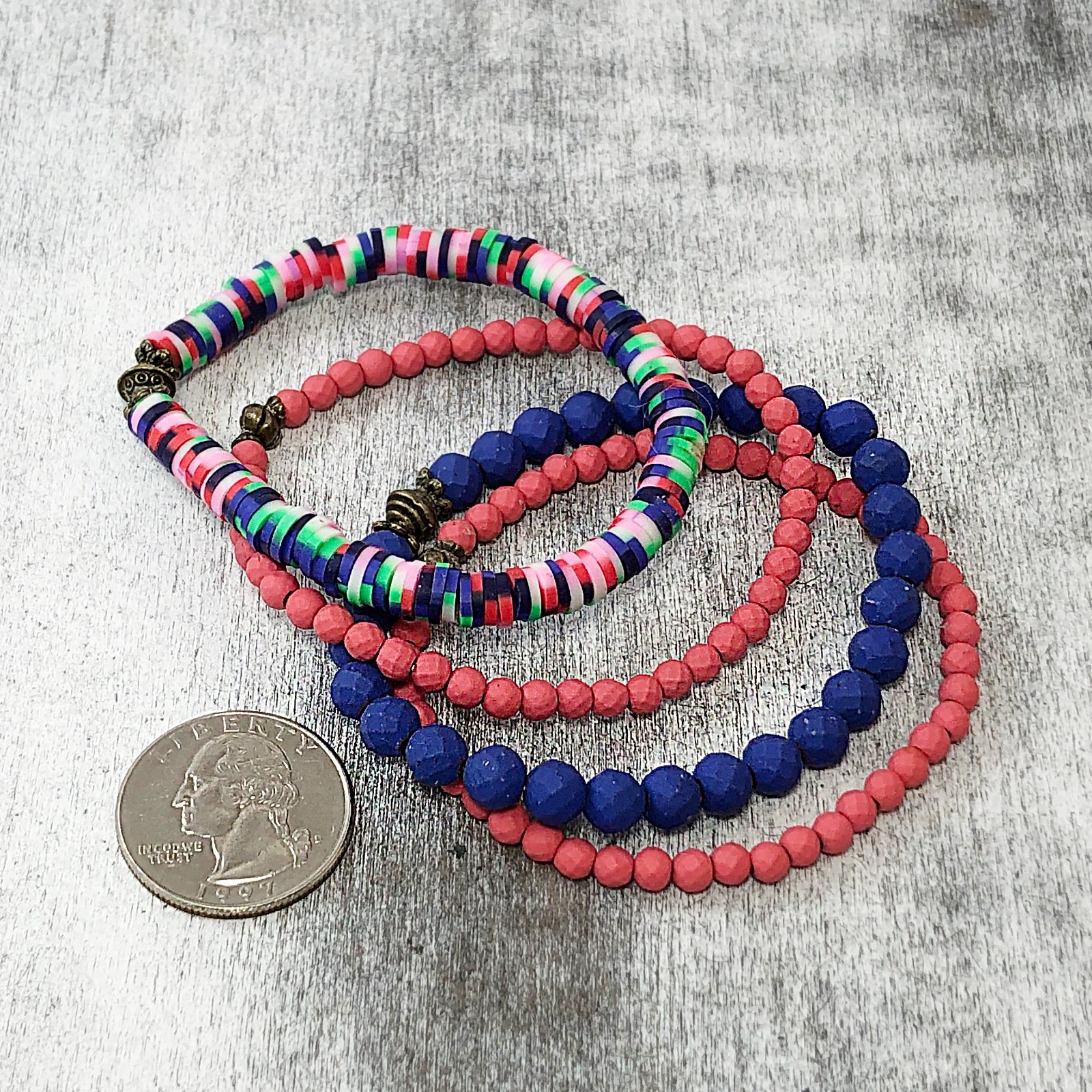 4 Piece Stretch Bracelet Set in Bold Summer Colors of Blue and Pink For Layering
