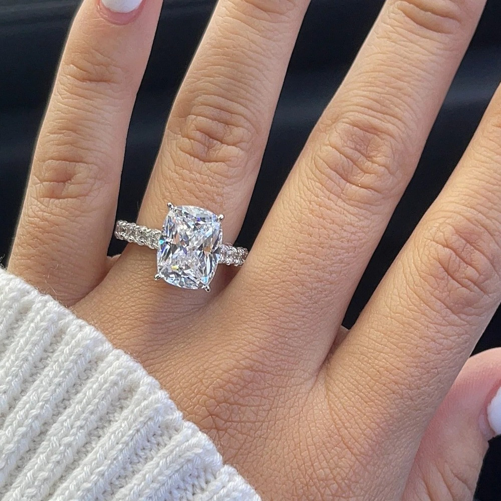 4.38 TCW Elongated Cushion Moissanite Engagement Ring In 14K White Gold Plated
