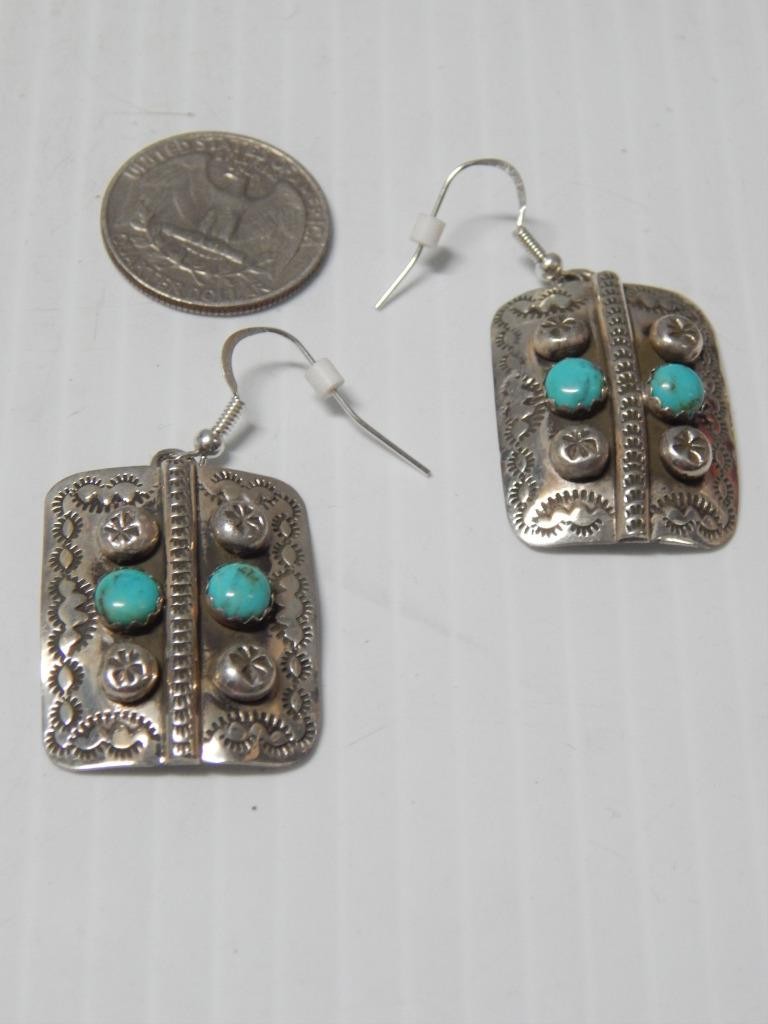 BIG AND BOLD VINTAGE NAVAJO STERLING SILVER TURQUOISE DANGLER EARRINGS