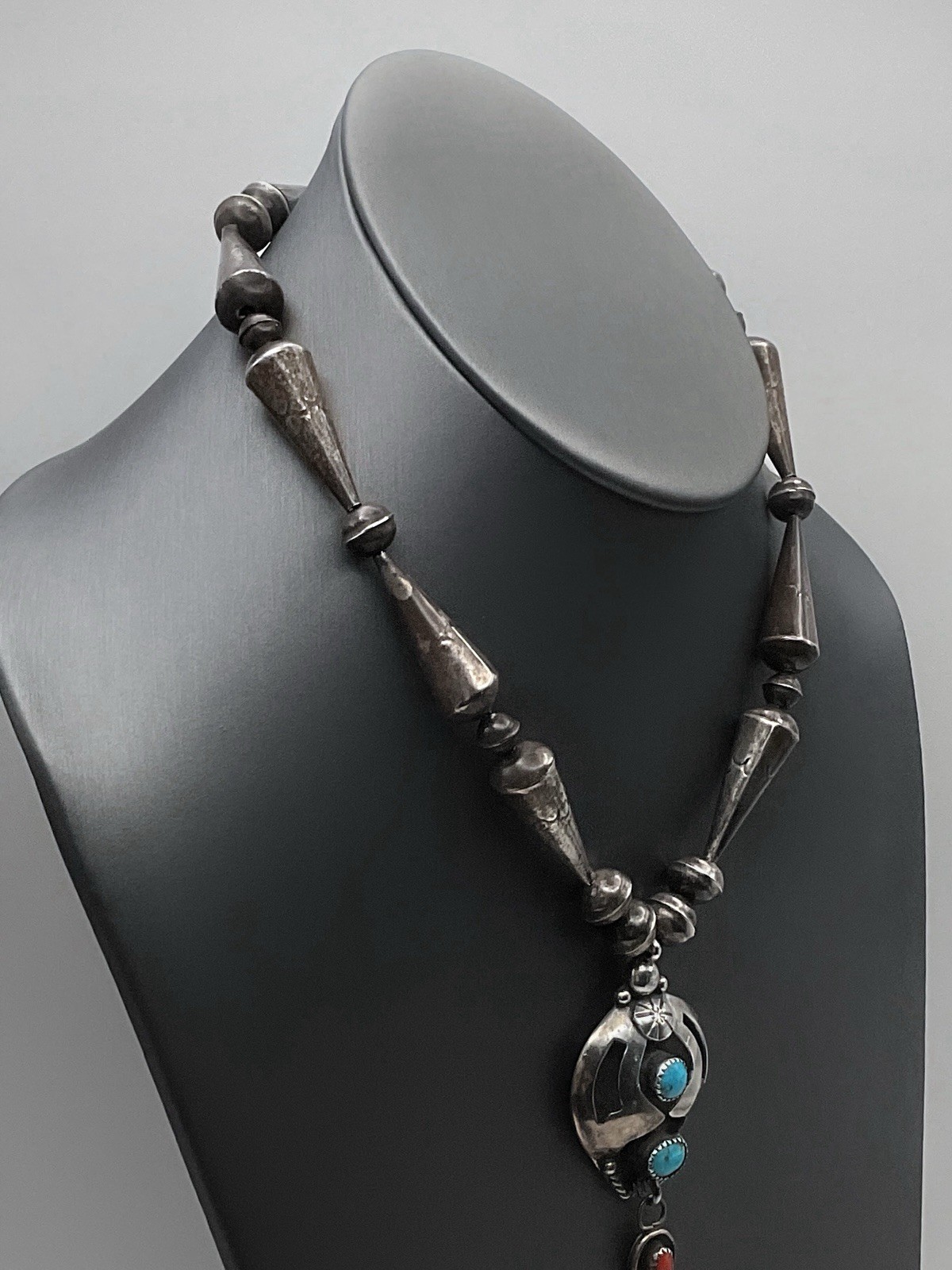 Signed Jesse Claw Navajo Sterling Silver Turquoise Coral Necklace J*C 41.6 grams