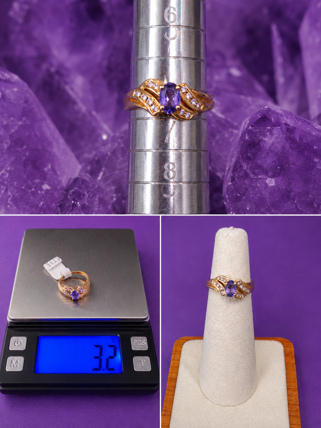 10K Yellow Gold Purple Gemstone & Diamond Accent Ring – Size 4.25 – 3.2 Grams